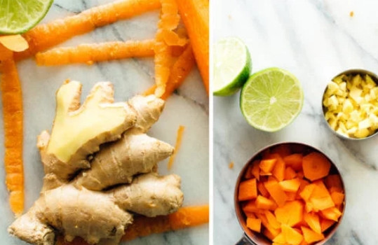 1. Этап. Имбирно-морковная заправка: 1. Первым этап — подготовка ингредиентов. Очистите морковь и имбирь, нарежьте кубиками. Выжмите сок лайма.