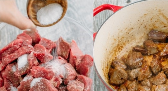 1. Этап. Суп Харчо из говядины: 1. В кастрюлю налейте немного растительного масла, поставьте её на огонь. Говядину вымойте, обсушите и нарежьте среднего размера кусочками. Добавьте соль, перемешайте. Выложите в кастрюлю (сначала половину, чтобы лучше прожаривалось) и обжарьте на среднем огне до румяной корочки. Снимите мясо, пока отложите его в сторону.