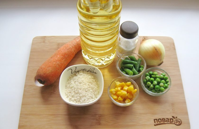 1. Этап. Рис с кукурузой и фасолью: Подготовьте необходимые ингредиенты.