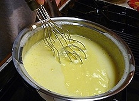 1. Этап. Заварной крем со сливками: Получившуюся массу верните в толстостенную кастрюлю, доведите до кипения на среднем огне, постоянно перемешивая, пока на поверхности не появятся пузырьки, и смесь не станет густой и глянцевой, около 30 секунд.