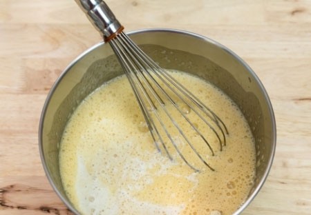 Thick sourdough pancakes 1. Stage. Thick sourdough pancakes: Add slightly warm milk and sourdough, mix until smooth. For this recipe, any leaven is suitable - purchased or prepared by you.