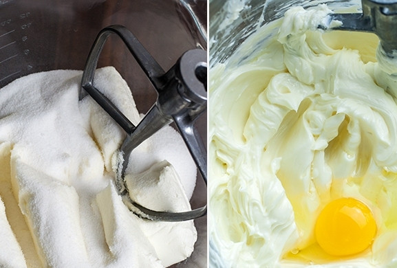 1. Этап. Торт Нью Йорк: 4. Тем временем приготовим крем: смешиваем при помощи миксера сыр с сахаром. Все ингредиенты должны быть комнатной температуры. По одному добавляем яйца: следующее добавляем только до полного взбивания предыдущего. Получается гладкий и пышный крем.