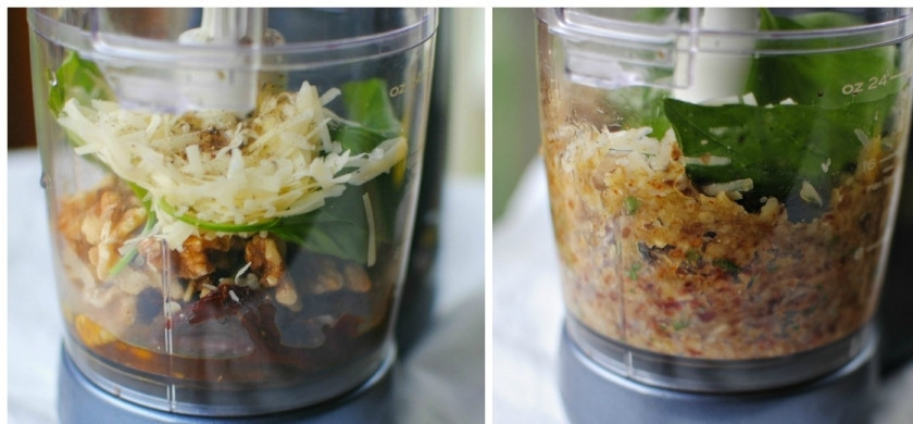 1. Этап. Паста с сушеными помидорами: В чашу блендера кладем прокаленные орехи, сушеные помидоры, пармезан, базилик, чеснок, оливковое масло, лимонный сок, соль и перец. Измельчаем на быстрой скорости блендера до однородности.