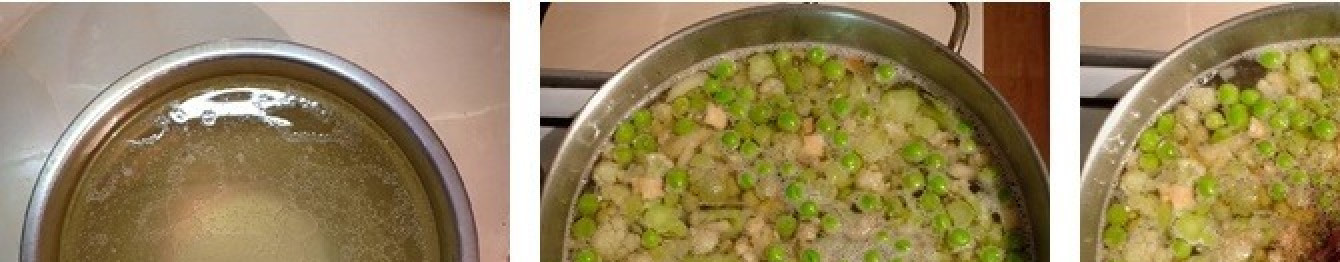 1. Этап. Легкий овощной суп с курицей: Бульон процедить, поставить обратно на огонь, добавить нарезанное мясо, зеленый горошек, брокколи, картофель и спасерованные овощи, поперчить. Дать супу закипеть, затем огонь немного убавить и варить 10-15мин, затем огонь выключить и дать супчику настояться.