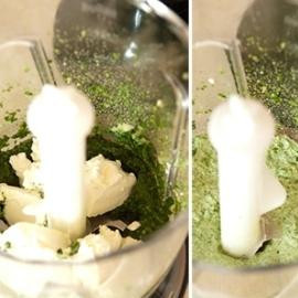 1. Этап. Тарталетки с лососем: Все содержимое сковороды перекладываем в чашу для блендера, туда же добавляем сливочный сыр, измельчаем все до однородности.