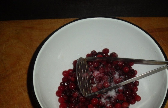 1. Этап. Сом на пару: Размороженную клюкву засыпаем в глубокую емкость и тщательно разминаем. Добавляем сок лимона и соль. Перемешиваем до однородности.