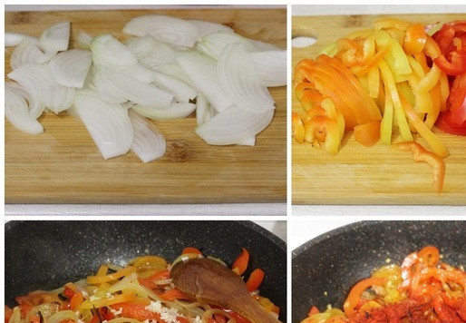 1. Этап. Бургер «Текс–мекс»: Лук и сладкий перец вымыть, очистить, нарезать: лук перьями, перец соломкой. Измельчить очищенный чеснок. В глубокой сковороде разогреть 1,5-2 ст. л. масла и на среднем огне в течение 10 минут обжаривать перец и лук до мягкости, постоянно помешивая. В конце приготовления добавить к ним соль, чеснок и 0,5 ст. л. паприки.