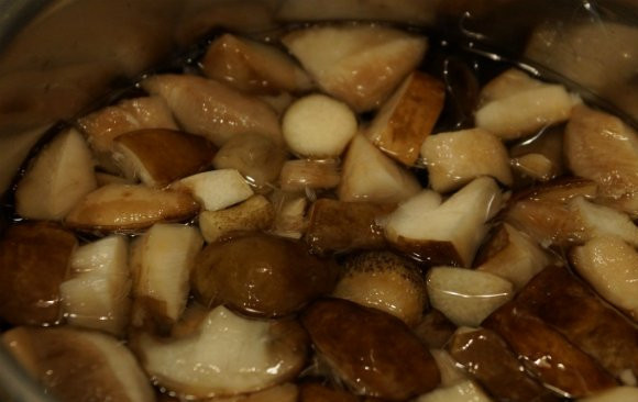 1. Этап. Суп из свежих подберезовиков: Промойте и замочите на 1,5 часа грибы в холодной подсоленной воде. Затем промойте, порежьте и бросьте в кастрюлю. Варите полчаса после закипания.