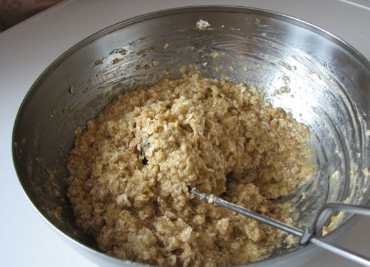 1. Этап. Печенье из овсяных хлопьев: Хорошо перемешиваем и даем получившемуся тесту немного постоять. А пока включим духовку, пусть нагревается до 200 градусов.