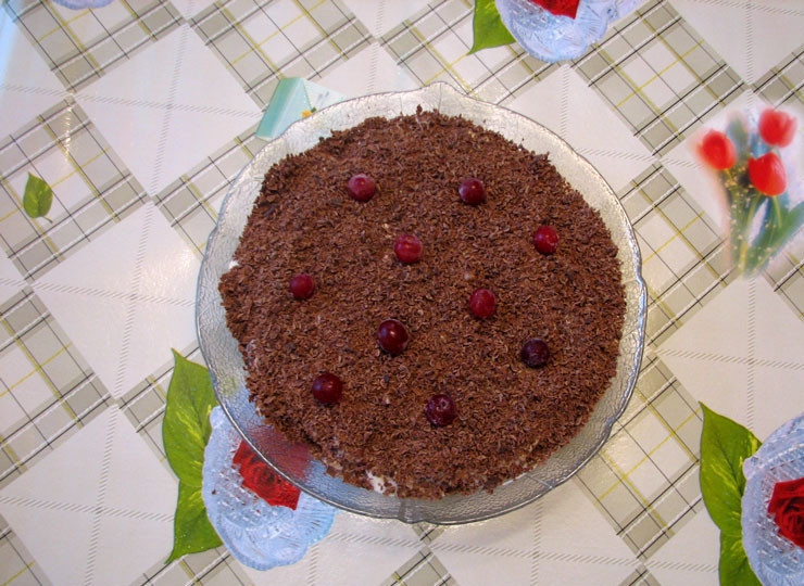 1. Этап. Чернослив с грецким орехом в сметане: Посыпьте тертым шоколадом и, по желанию, украсьте клюквой или другой свежей ягодой. Перед подачей советую подержать десерт в холодильнике. Приятного аппетита!