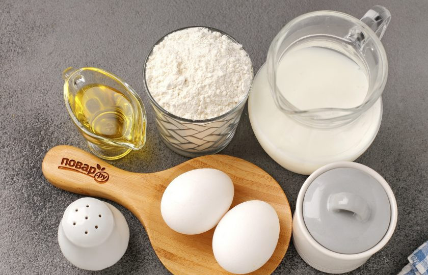 1. Этап. Блины на кислом кефире: Подготовьте все ингредиенты.