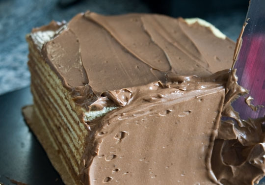 1. Этап. Бисквитный торт с шоколадом: 20. Остаток распределите по бокам и верхушке.