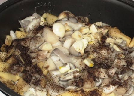 1. Этап. Вешенки с картошкой в сметане: Содержимое чаши солим, добавляем перец по вкусу и заливаем все приготовленным соусом. Перемешиваем и выставляем режим 