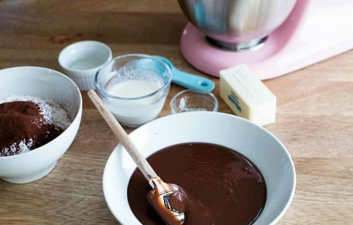 1. Этап. Кексы Двойной шоколад: 3. Растопите темный шоколад для глазури в микроволновой печи, делайте это 20 секундными интервалами, после каждого интервала доставайте шоколад и перемешивайте, затем смешайте шоколад с кукурузным сиропом.