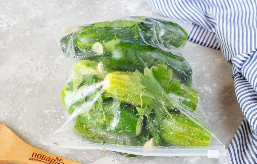 1. Этап. Малосольные огурчики с зеленью в пакете: В пакет выложите чередуя: огурцы, зелень, чеснок, соль. Закройте пакет, потрусите хорошо несколько раз, чтобы вся соль распределилась равномерно. Оставьте пакет на сутки при комнатной температуре. Можно хранить в холодильнике, но тогда понадобится чуть больше времени, чтобы огурчики просолились.