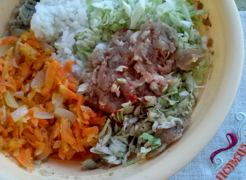1. Этап. Ленивые голубцы с рисом и фаршем: Смешайте мясной фарш, рис, лук, морковь, капусту и яйцо. Добавьте соль и перец. Хорошенько перемешайте фарш для голубцов.
