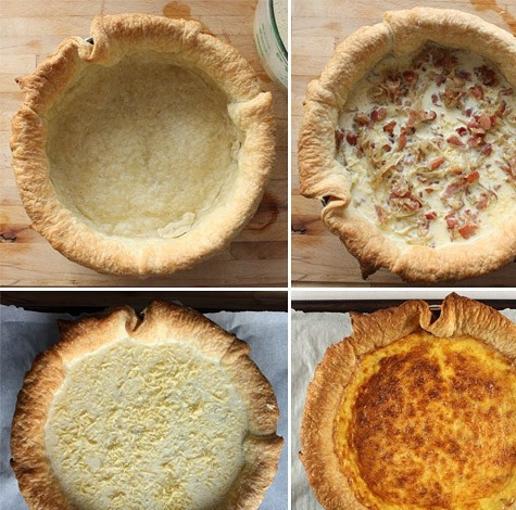 1. Этап. Французский киш: 8. На дно коржа выложите часть бекона, присыпьте его немного сыром. Вылейте часть заливки. После повторите слои. Отправьте собранный киш в духовку и запекайте его час-полтора (примерно) при температуре в 165 градусов.