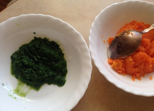 1. Этап. Морковно-шпинатное суфле: 3. Отжимаем листья шпината от влаги. И с помощью блендера измельчаем по отдельности морковь и шпинат в однородное пюре.