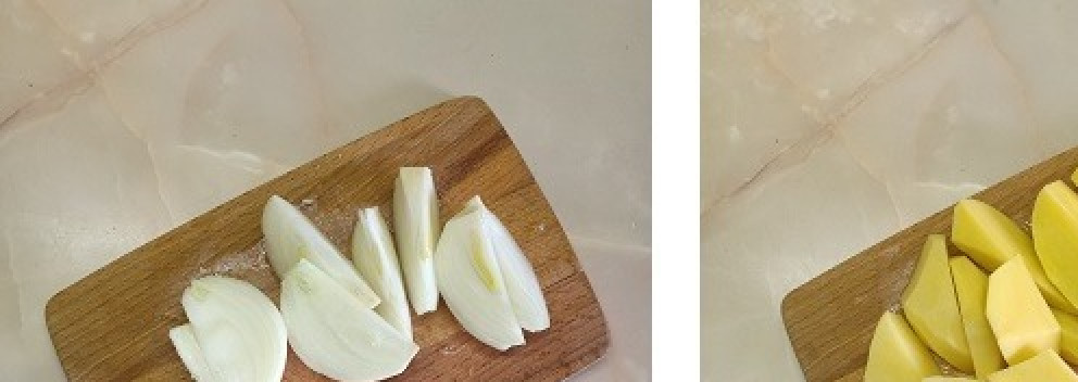 1. Этап. Котлеты из печени: Лук и картофель вымыть, очистить и нарезать на четвертинки.