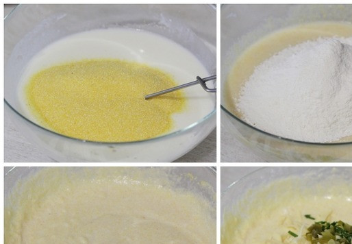 1. Этап. Кукурузные маффины с халапеньо: Всыпать кукурузную поленту, муку с содой и разрыхлителем, перемешать. Добавить в тесто сыр, халапеньо и петрушку, перемешать.