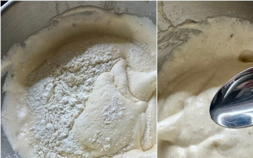 1. Этап. Яблочный рулет: Добавил остальную воду и также деликатно перемешал.