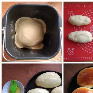 1. Этап. Бутерброд Весёлые сосиски: Рецепт древний школьных булок, тесто которых делали на воде. Я возьму 1 часть воды и 2 части молока. Остальное по рецепту. Булки выпекла с вечера, чтобы утром сделать бутерброды. Выпекала булки специально для таких бутербродов формы типа 