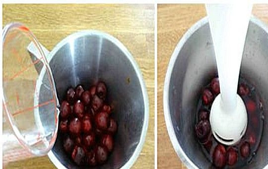 1. Этап. Сорбет из черешни: 2. Положите черешню в миску, влейте лимонный сок, воду, измельчите погружным блендером.