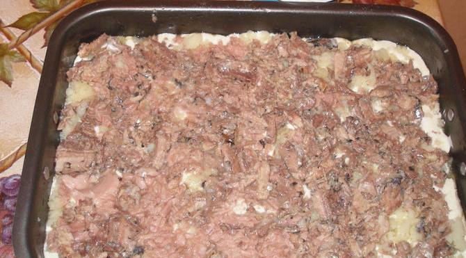 1. Этап. Запеканка с рыбной консервой: На противень выложить половину теста, на него уложить картофельное пюре, а на пюре выложите размятую вилкой рыбу, смешанную с луком.