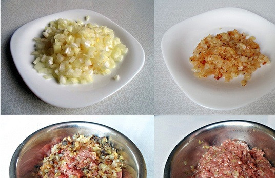 1. Этап. Колдуны с мясом: Мелко нарежьте лук и обжарьте до золотистого цвета га сковороде. Затем смешайте обжаренный лук с мясным фаршем. Соль и перец по вкусу.