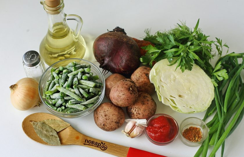 1. Этап. Борщ со стручковой фасолью: Подготовьте все ингредиенты.