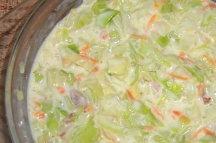 1. Этап. Быстрый пирог с капустой на кефире: Отправляем тушеную и остывшую капусту в тесто. Если вы решили добавить ветчину или курицу, нарежьте мелкими кубиками и тоже отправьте в тесто. Перемешиваем.