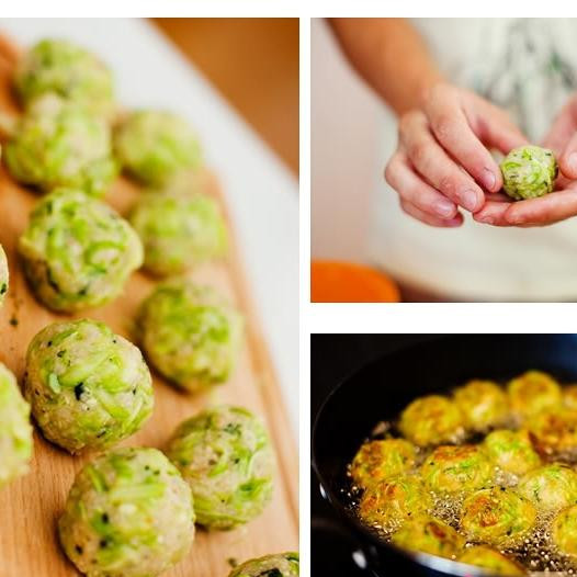 1. Этап. Вегетарианский салат из кабачков: Из получившейся мякоти скатываем шарики размером с грецкий орех. Обжариваем шарики 2-3 минуты в раскаленном оливковом масле.