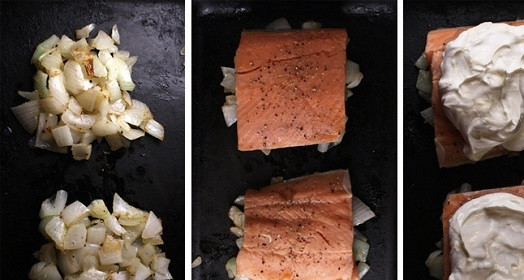 1. Этап. Рыба под сметаной: 2. Выложите лук в жаропрочную форму. Это будет подушка для рыбы. Филе вымойте, обсушите, посолите и поперчите по вкусу. Выложите на лук и сверху распределите сметану.