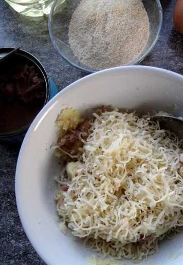 1. Этап. Картофельные шарики с тунцом: Добавить соль и перец по вкусу, а так же натёртый сыр. Перемешать массу.