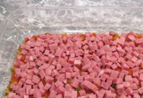 1. Этап. Лазанья с сыром и ветчиной: На листы лазаньи вылейте половину томатного соуса и половину ветчины.