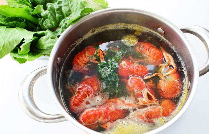 1. Этап. Вареные раки: мастер-класс: В глубокой кастрюле доведите до кипения воду с душистым перцем, лавровым листом, укропом и солью. Дайте покипеть отвару пару минут, затем закладывайте раков. Доведите воду до кипения и варите раков еще 10-15 минут.