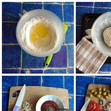 1. Этап. Постная пицца с авокадо: Делаем быстрое дрожжевое тесто на воде. В чашу просеиваем муку, добавляем соль, сахар и быстродействующие дрожжи. Перемешиваем. Делаем углубление в центре и наливаем тёплую воду и масло обязательно оливковое. Силиконовой лопаточкой начинаем замешивать тесто. Когда жидкость возьмёт всю муку, начинаем работать руками, смазав их маслом. Скатываем тесто в шар, помещаем в посуду и накрываем полотенцем. Ставим в тёплое место. Я грею всегда для этого духовку до т-50 С. Тесто там быстро подойдёт. Пока стоит тесто в тепле. Готовим соус и начинку. Если у вас нет соуса для пиццы, то это не беда. Берём любой томатный соус, который есть в доме и добавляем в него сухой базилик и мелко рубленный чеснок. Соединяем. Берём именно соус, а не томатную пасту. Для начинки берём небольшое спелое авокадо, небольшой помидор и среднего размера шампиньоны. Шампиньоны чистим и нарезаем 