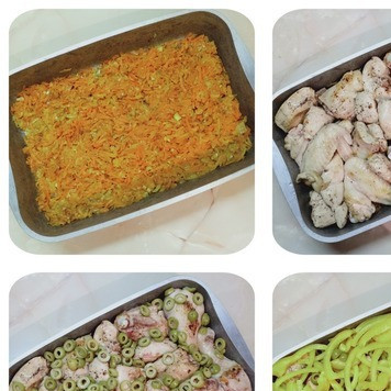 1. Этап. Курица в томатном соусе с оливками: Спасерованные овощи выложить в форму для запекания, сверху разложить кусочки курицы, добавить оливки и болгарский перец.