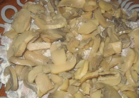 1. Этап. Салат Санта Клаус: Затем выложите грибы, порезанные кусочками. Смажьте их майонезом.