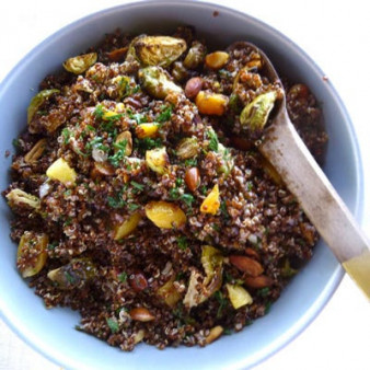 Red Quinoa Salad with Roasted Brussels Sprouts, Apricots, and Almonds