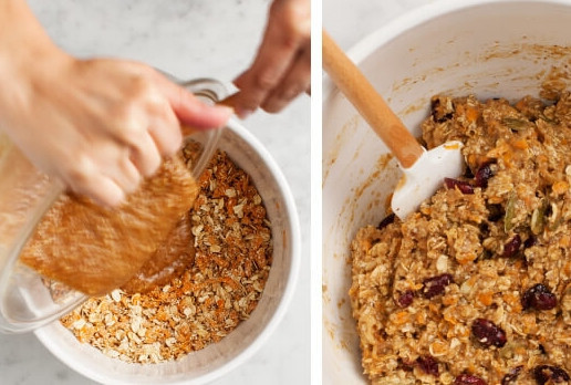 1. Этап. Печенье с морковью: 2. Смешаем все ингредиенты: сначала сухие, потом влажные, перемешаем и получим вот такую смесь.