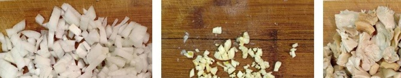 1. Этап. Картошка с вешенками, томленая в духовке: Лук и чеснок почистить и мелко покрошить. Грибы нарезать произвольными кусочками.