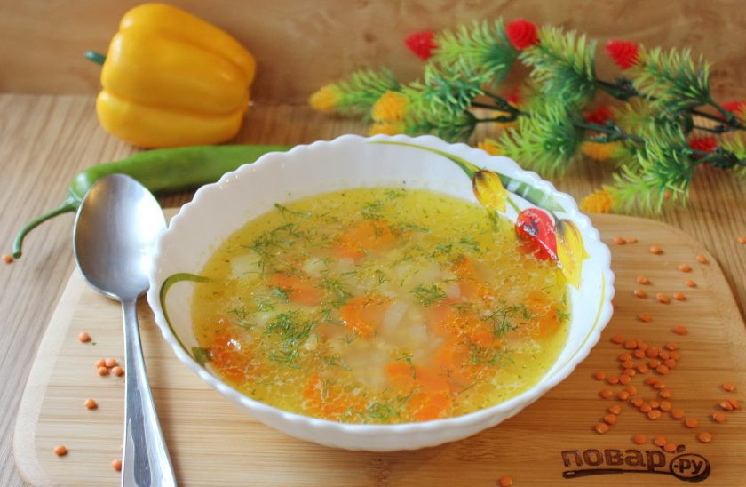 1. Этап. Суп из чечевицы без мяса: Суп с чечевицей без мяса готов. Подавайте на первое в обед.