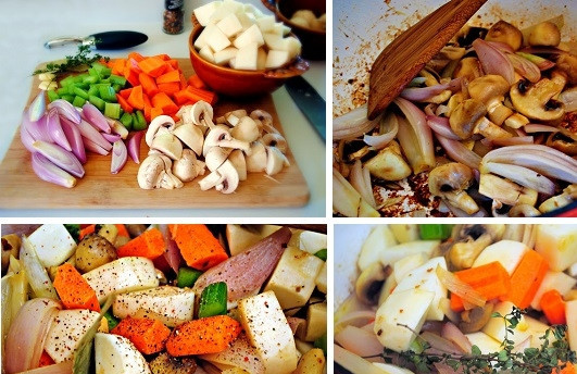 1. Этап. Говядина, тушенная с картошкой в кастрюле: 3. Мясо снимите и отложите на время. Очистите и нарежьте овощи. Грибы с луком обжарьте первыми. После добавьте остальные овощи и жарьте еще минут 5. Посолите, поперчите по вкусу. Для аромата добавьте лавровый лист и тимьян.