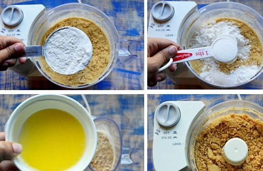 1. Этап. Лимонно-мятный барс: 1. Измельчите сладкие крекеры в чаше блендера в мелкую крошку. Затем смешайте их с мукой, сахаром и растопленным сливочным маслом.