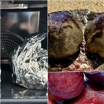 1. Этап. Борщ. Два пути: Теперь о заправке для борща. Т. е. о самой его сути. Первый вариант. Или «путь» как будет угодно. Пару свеколок промываю, заворачиваю в фольгу и запекаю в духовке. Я стараюсь не «гнать». Поэтому запекаю часа полтора при температуре 90 – 100 градусов. Вот такой результат получается.