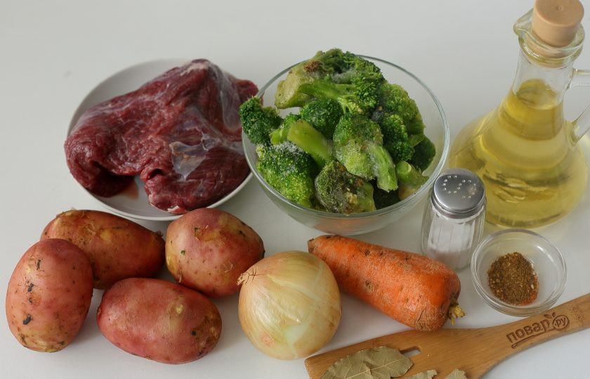 1. Этап. Овощной суп с говядиной: Подготовьте все ингредиенты.