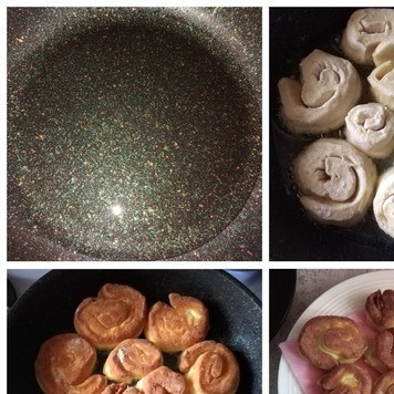 1. Этап. Завитушки к чаю: Сковорода у меня антипригарная D-24 см. Налила я в неё 100 мл масла рафинированного подсолнечного для жарки. Греем его до кипения и выкладываем заготовки. Жарим с обеих сторон до готовности, периодически переворачивая с одной стороны на другую. В сковороду у меня поместились все завитушки. При жарке они подрастут и будут пухлыми. Следите, чтобы не подгорели. Со сковороды снимаем завитушки на впитывающее полотенце бумажное, чтобы убрать лишнее масло с них.