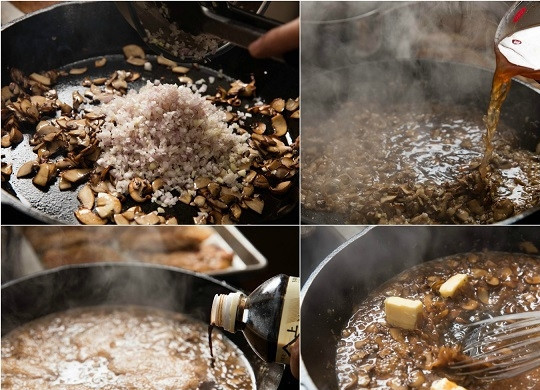 1. Этап. Курица Марсала с грибами: 3. Добавьте измельченный лук и чеснок, обжарьте пару минут. Влейте вино и бульон. Доведите до кипения. Добавьте соль, перец, сливочное масло, сок лимона, соевый соус.