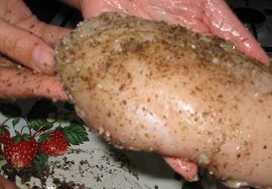 1. Этап. Балык из грудки индейки: Вымойте индюшиное филе, просушите его. Выбирайте не очень большую грудку, чтобы она хорошо промариновалась и просолилась. Натрите филе индюшки специями с водкой.